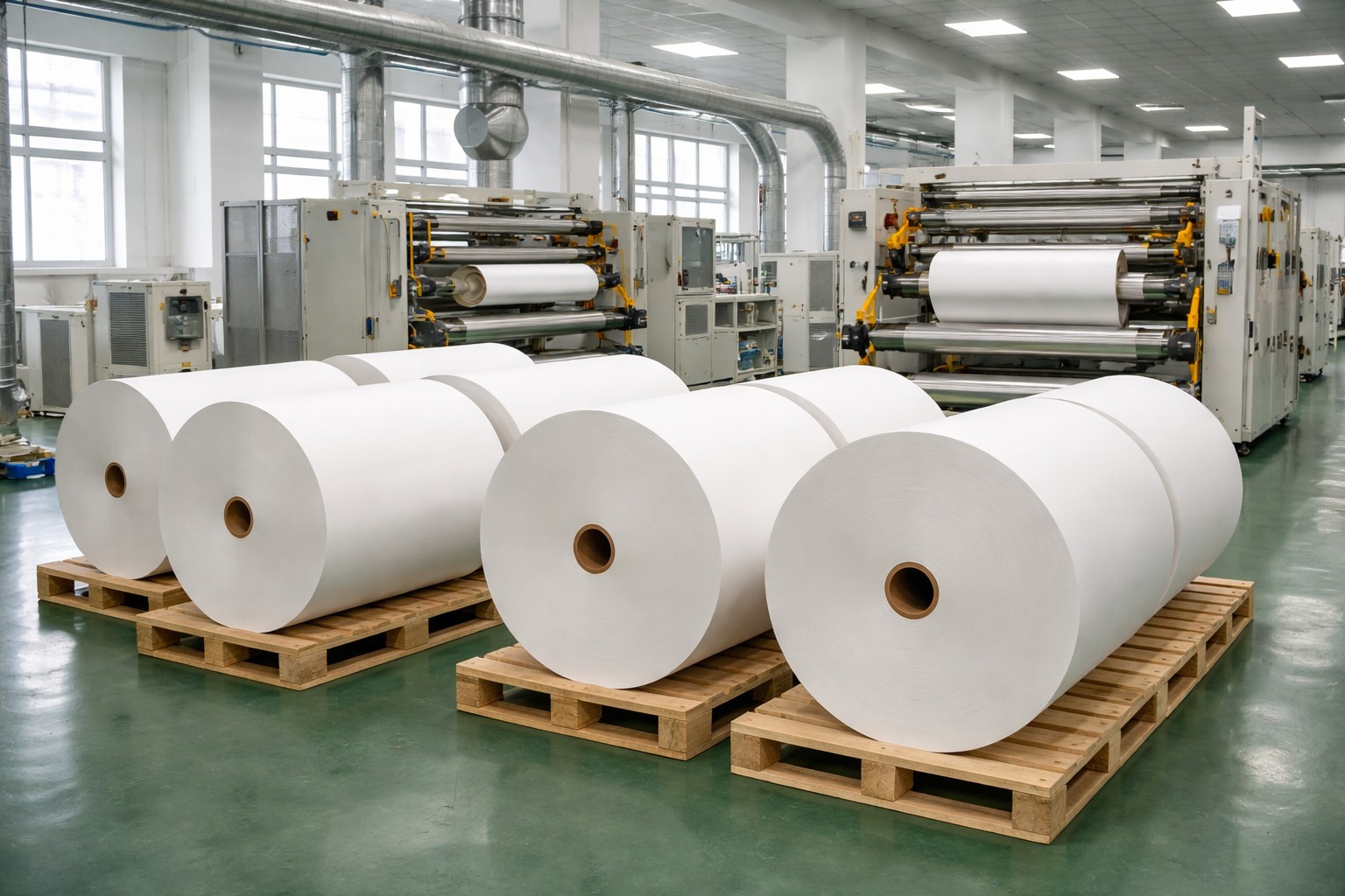Baking Paper Jumbo Rolls for Converters Large baking paper jumbo rolls prepared for converting in a clean factory workshop
