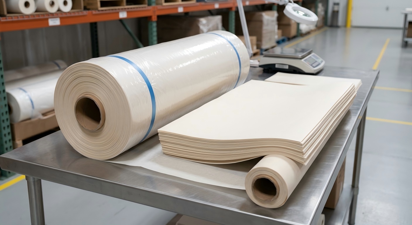 Commercial Parchment Roll Inspection Close-up inspection of commercial parchment rolls and parchment sheets for bakery line testing