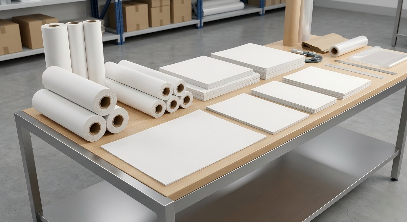 Baking Paper Sample Inspection Baking paper rolls and parchment sheets inspected on a clean sample table