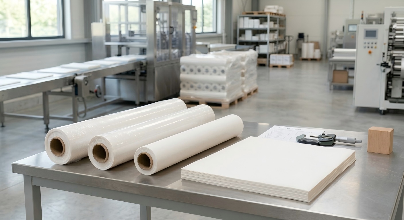 Baking Paper Sample Inspection Baking paper sample inspection with rolls and sheets on a clean quality control table