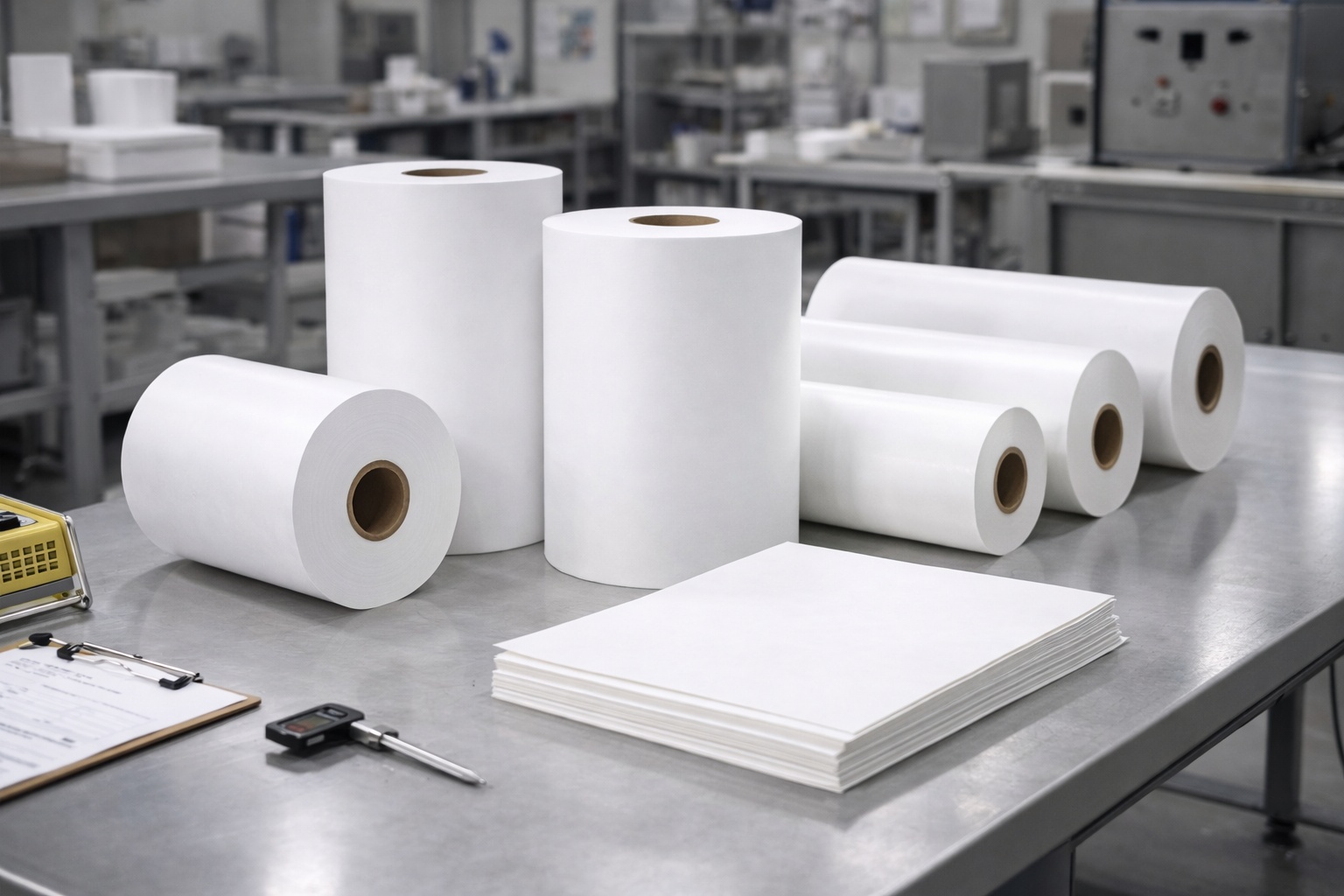 Silicone-Free Baking Paper Sample Testing Baking paper rolls and cut sheets being tested on a clean inspection table