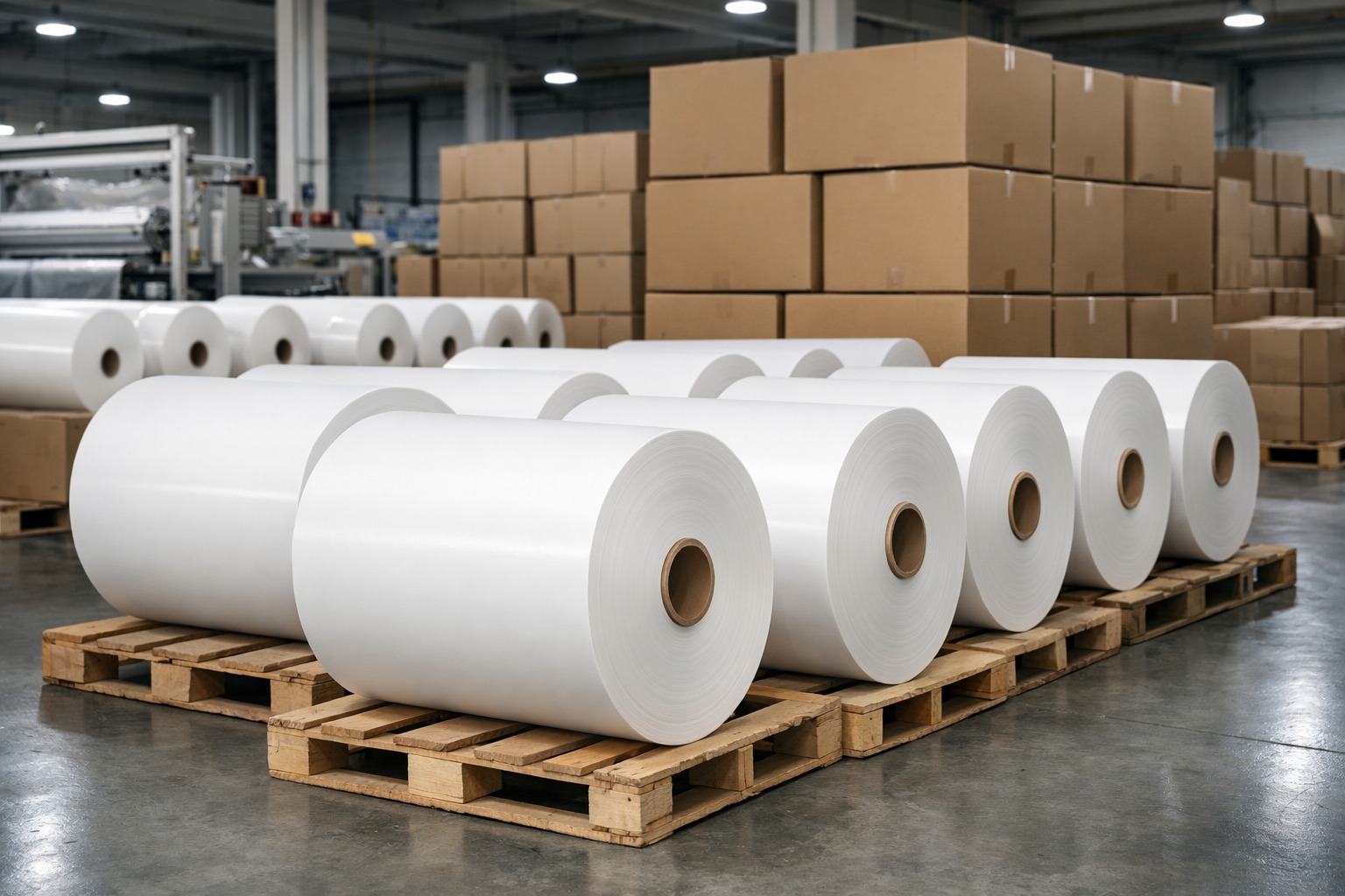 Baking Paper Supplier for South America Large white baking paper rolls arranged in a clean warehouse for South American bakery buyers