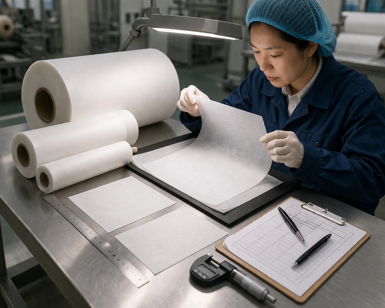 Baking Paper Sample Consistency Baking paper rolls and parchment sheets being inspected on a clean testing table