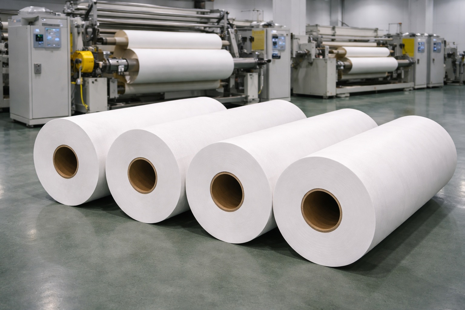 Baking Paper Jumbo Rolls Large baking paper jumbo rolls prepared for converting in a clean factory workshop