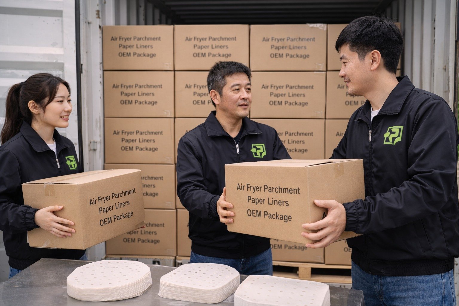 air fryer parchment paper liner manufacturer OEM packaging quality check carton loading Runjia export shipment