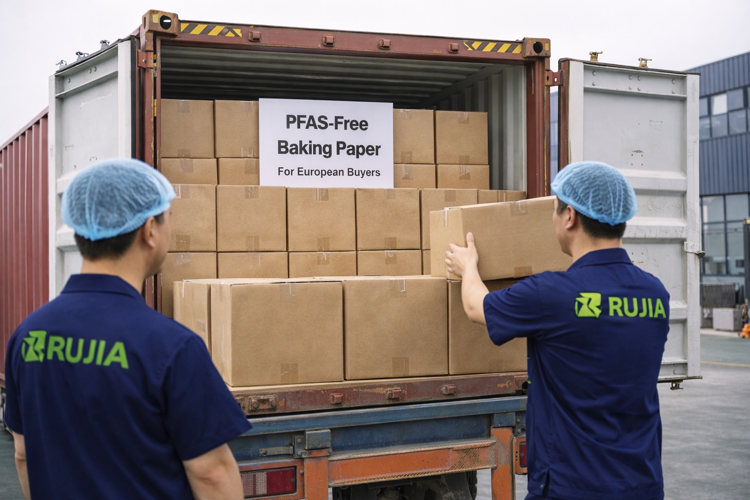 Runjia workers loading baking paper export cartons into 40HQ container at factory