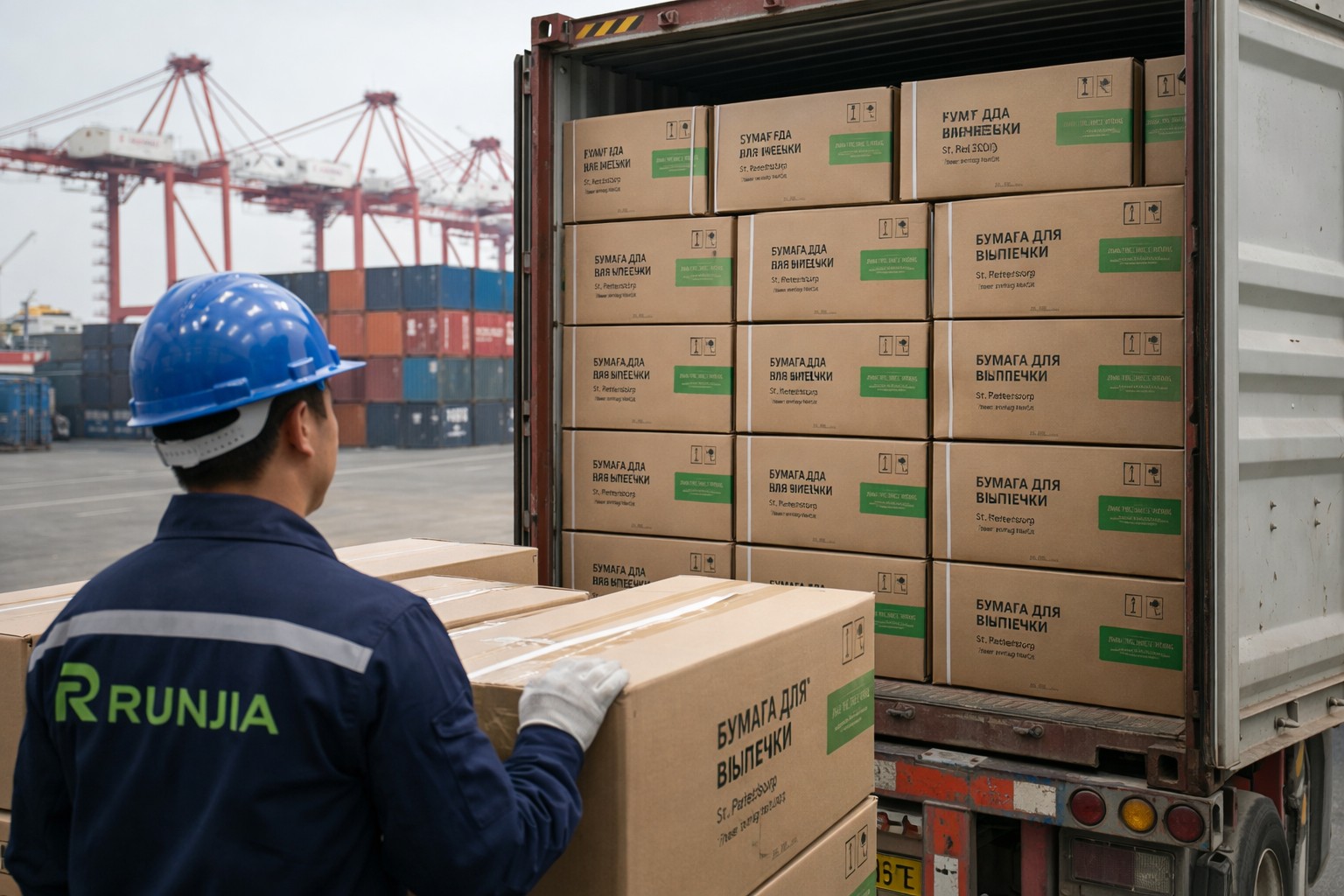 Runjia baking paper cartons with Russian labels loaded into container at Qingdao port for St. Petersburg