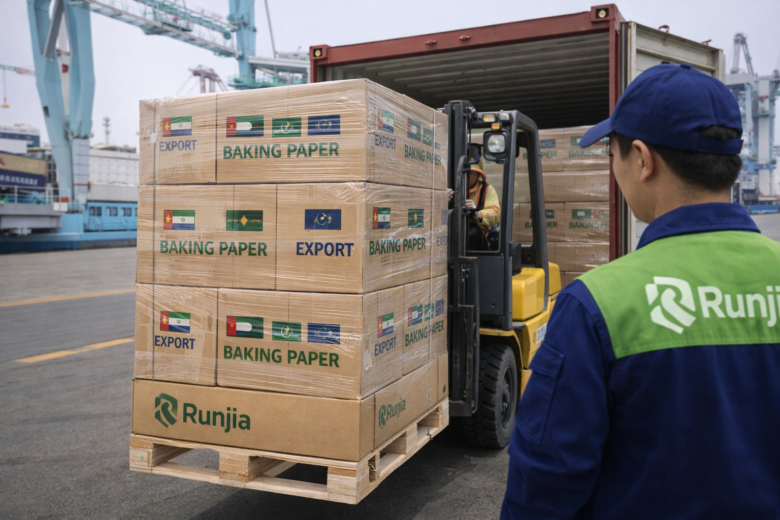 Runjia baking paper export pallets with Middle East country flags loaded at Qingdao port