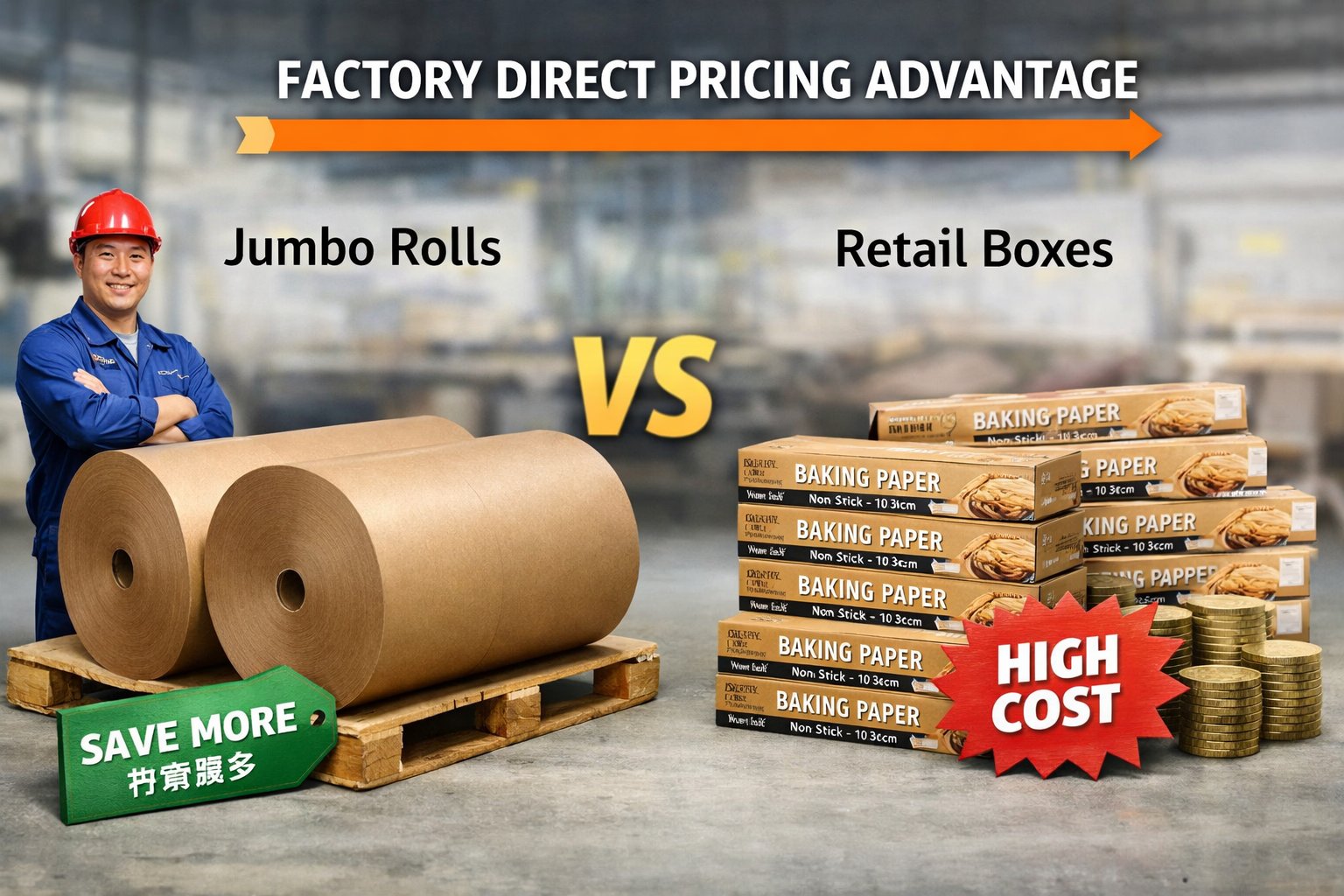 Factory direct pricing comparison between baking paper jumbo rolls and retail boxes