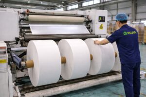 Runjia worker operating silicone coating slitting machine with PFAS-free baking paper jumbo rolls