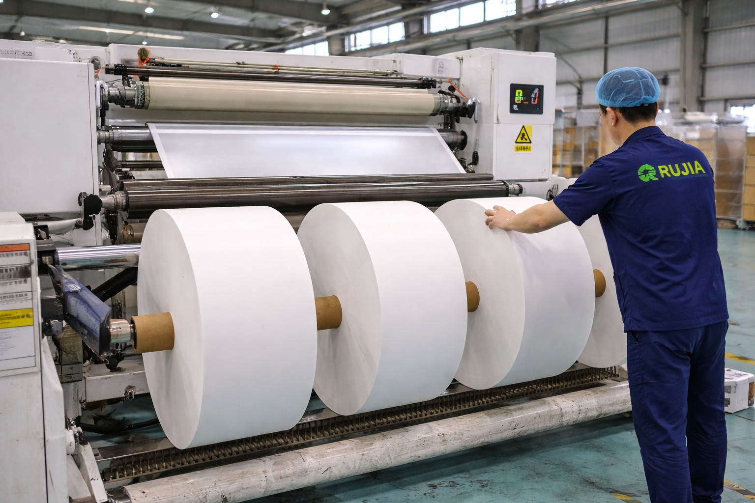 Runjia worker operating silicone coating slitting machine with PFAS-free baking paper jumbo rolls