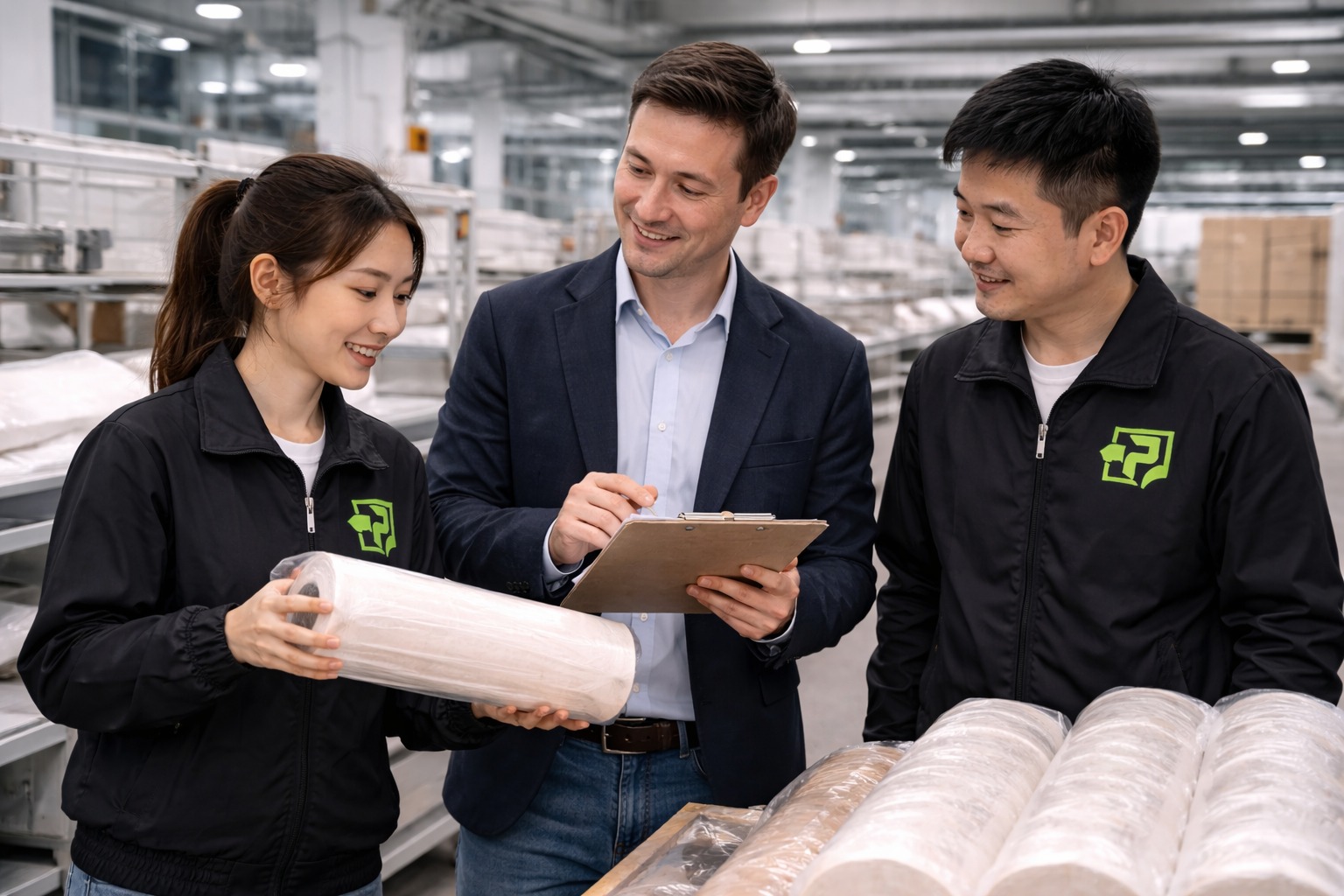 export manager visiting baking paper manufacturer production floor in Shandong