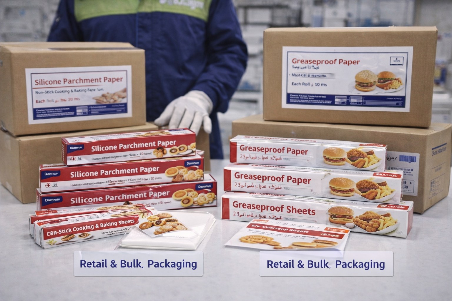 Silicone parchment paper and greaseproof paper both lines in retail and bulk packaging formats