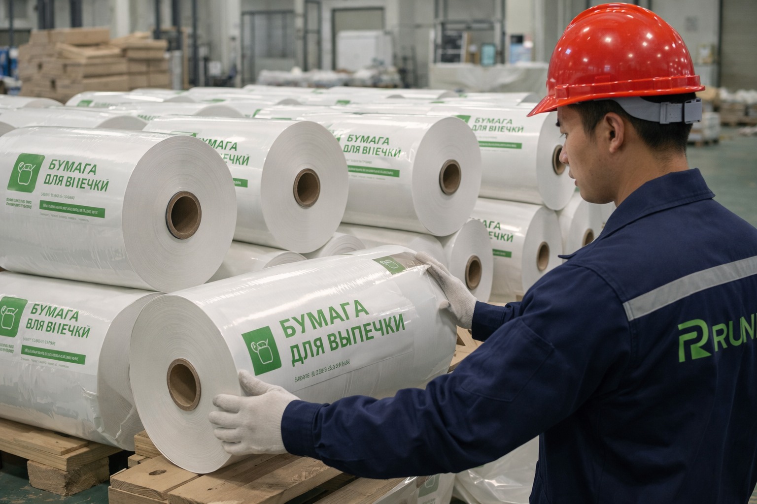Runjia worker handling baking paper rolls with Russian language retail packaging labels