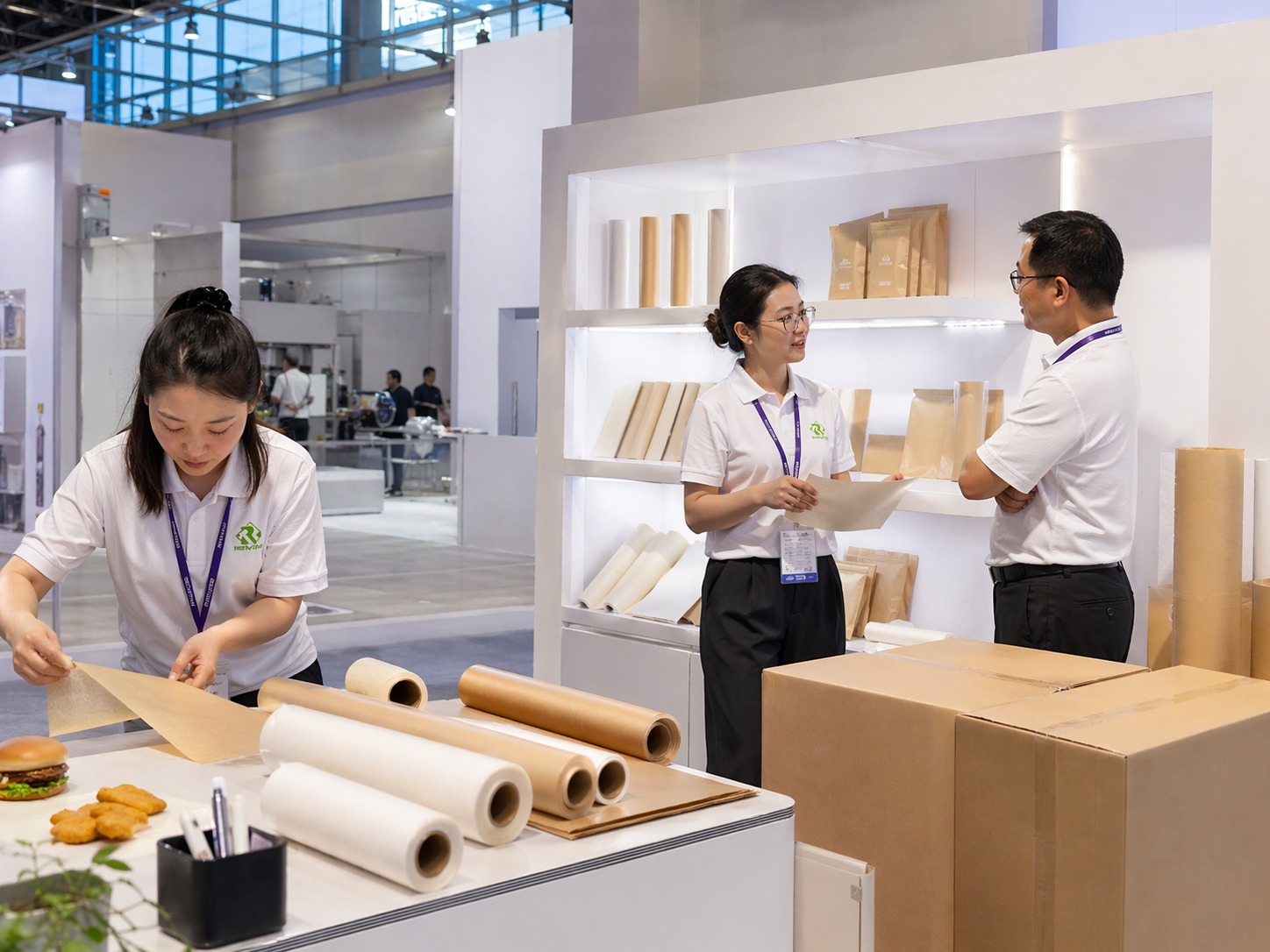 baking paper supplier booth at Interpack 2026 trade show Düsseldorf with product samples and certification documents