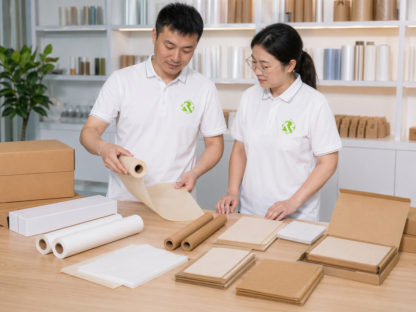 baking paper supplier sample kit from Runjia New Material showing silicone coated parchment paper rolls and cut sheets for Interpack 2026 buyers
