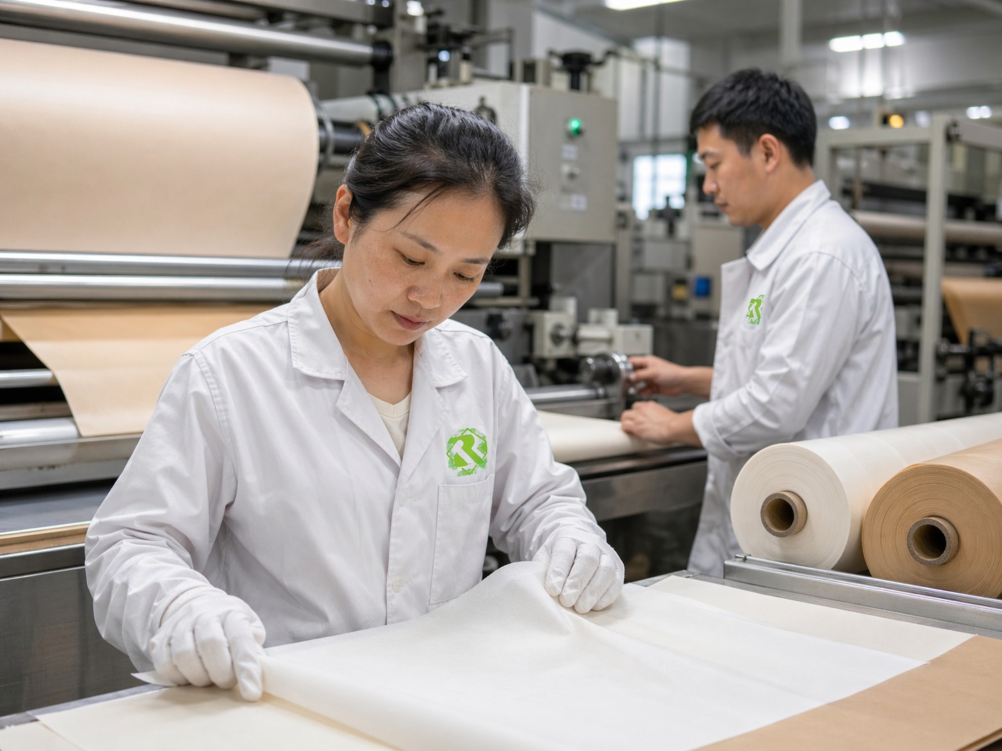 baking paper supplier quality inspection of silicone coating on production line at Runjia New Material factory Shandong