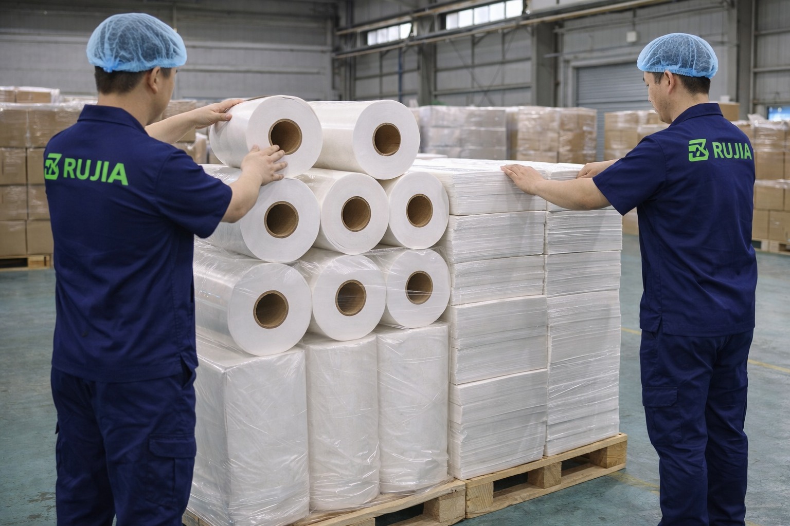 Mixed SKU baking paper rolls and sheets palletized for wholesale export at Runjia warehouse