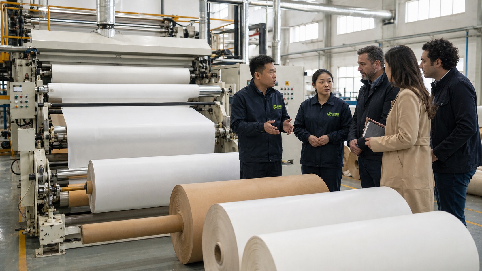 Bulk wholesale supplier coating line full view with international buyers touring Runjia base paper rolls