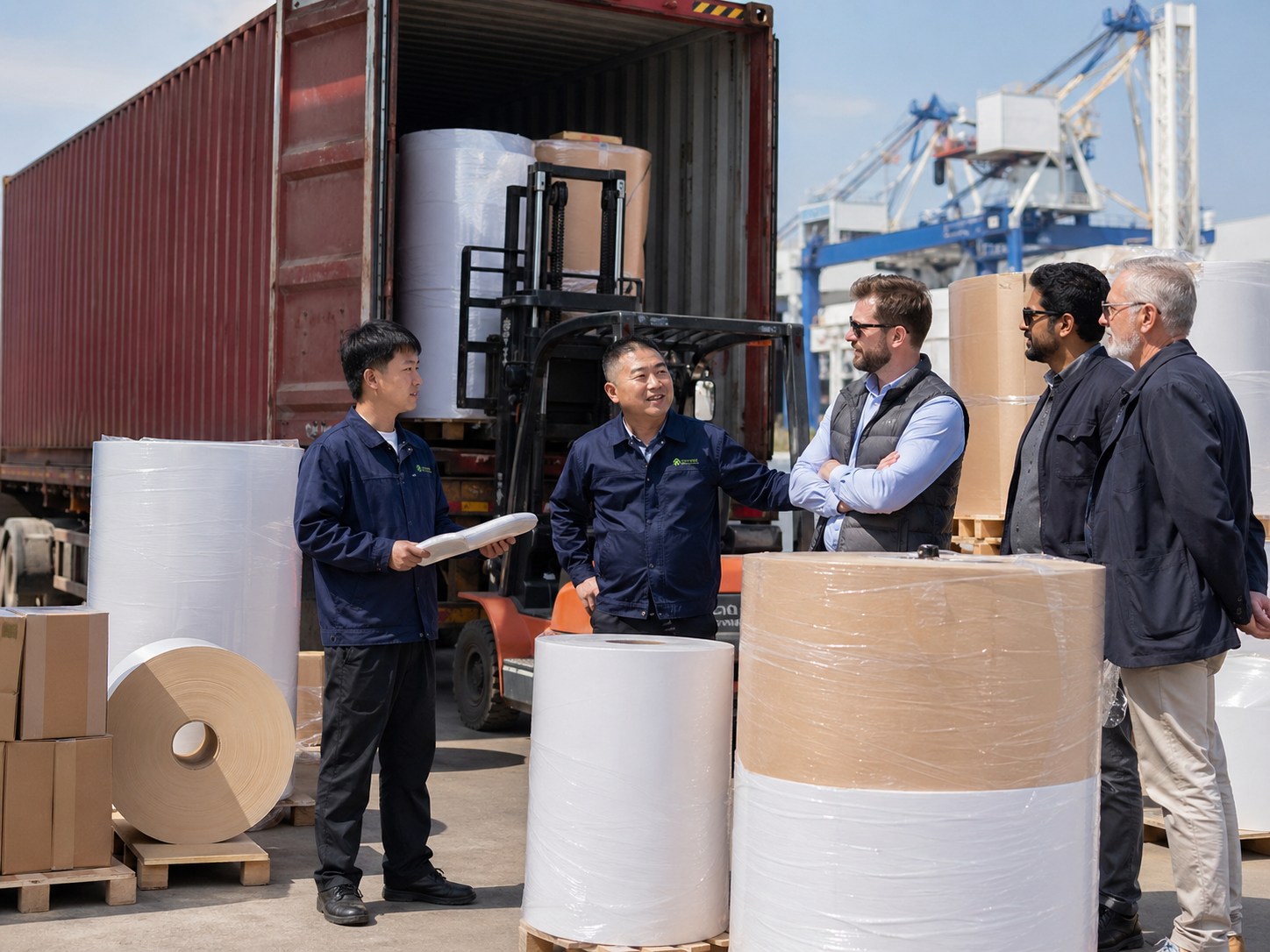 Bulk wholesale supplier port loading scene with buyers discussing 20-day lead time pre-booked Qingdao slot
