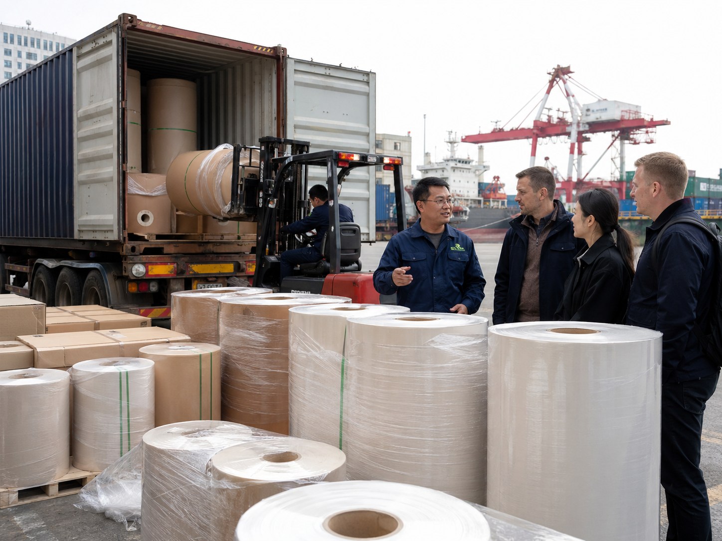 Bulk wholesale supplier 40HQ container loading at Qingdao port with jumbo rolls and forklift