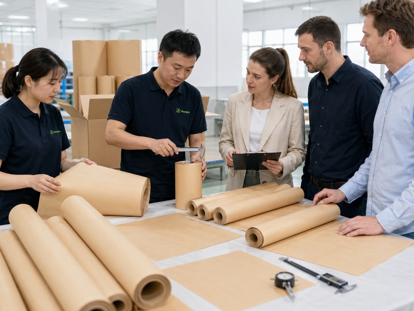 Bulk wholesale supplier QC thickness test with caliper kraft paper rolls inspection by buyer team