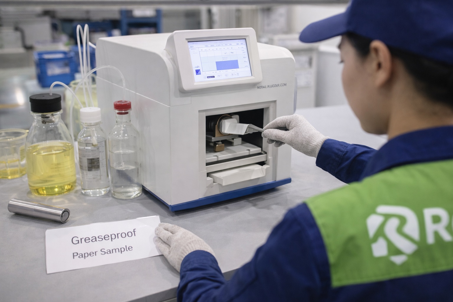 Laboratory total fluorine testing machine analyzing greaseproof paper sample for PFAS compliance