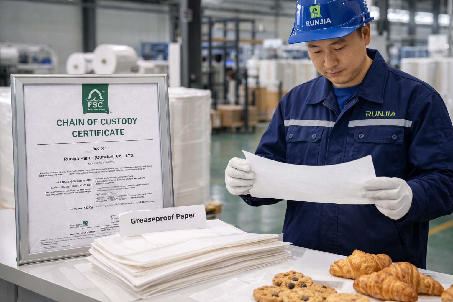 FSC Chain of Custody certificate displayed with greaseproof paper samples at Runjia factory