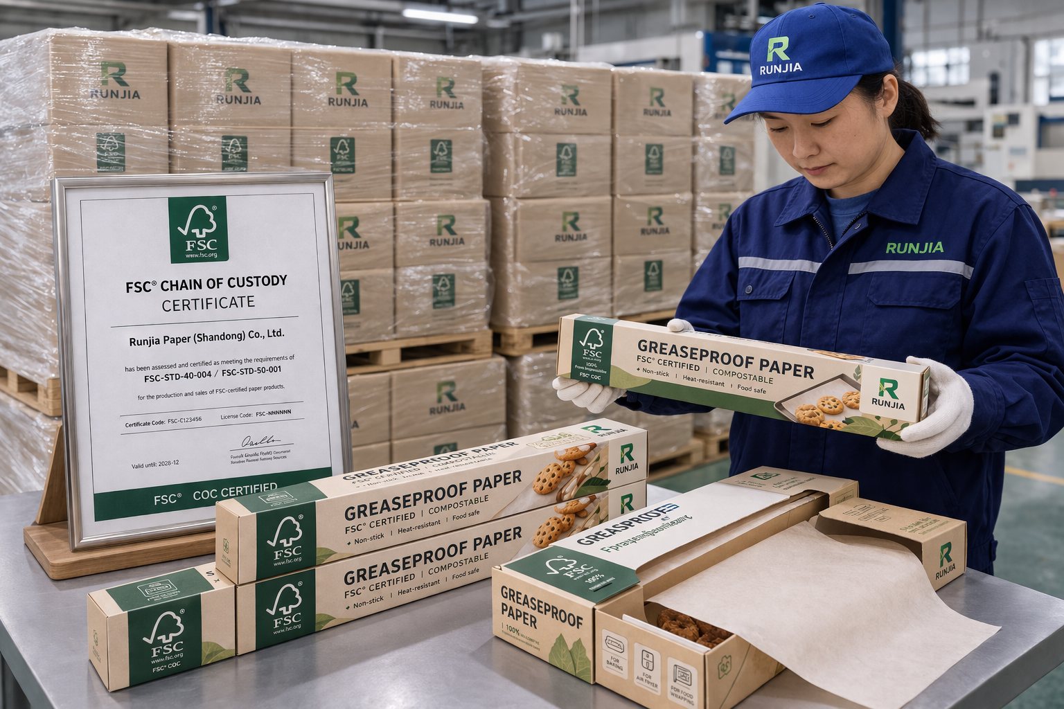 FSC certified greaseproof paper in retail packaging designed for European supermarket shelves