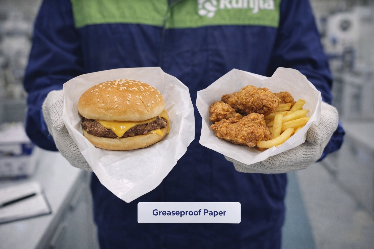 Greaseproof paper wrapping burger and fried chicken showing oil barrier performance for fast food