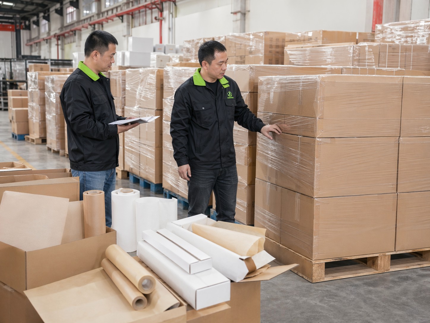 parchment paper supplier finished goods warehouse carton stacking export shipment Runjia New Material
