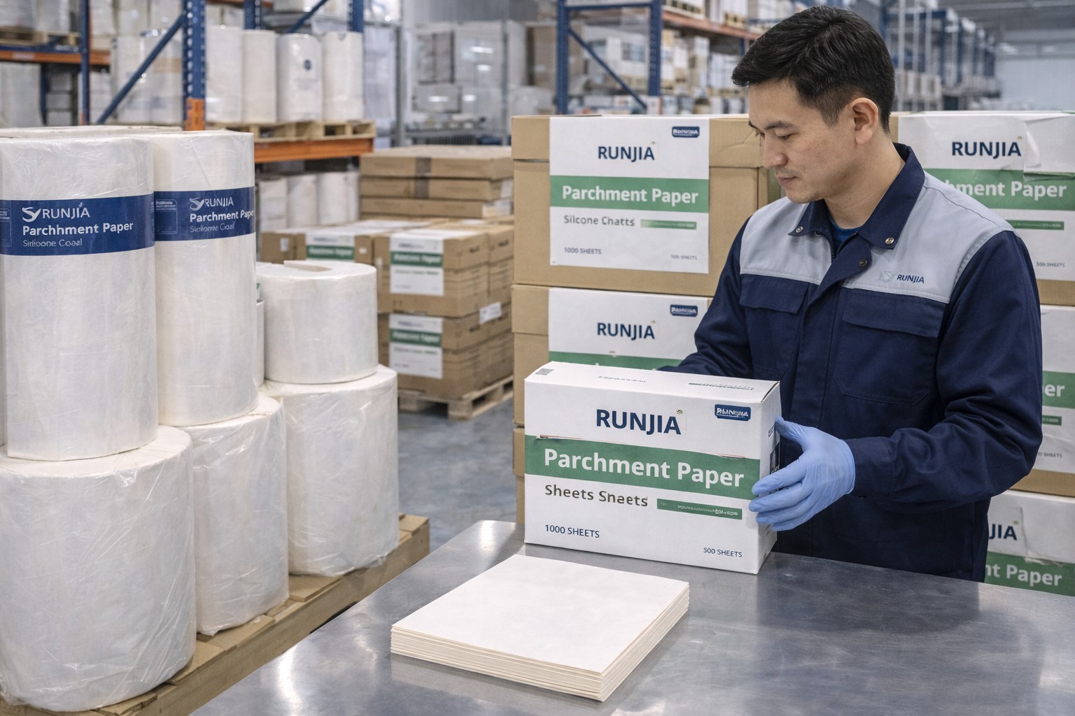 Parchment paper wholesale jumbo rolls and cut sheet cartons in Runjia factory warehouse