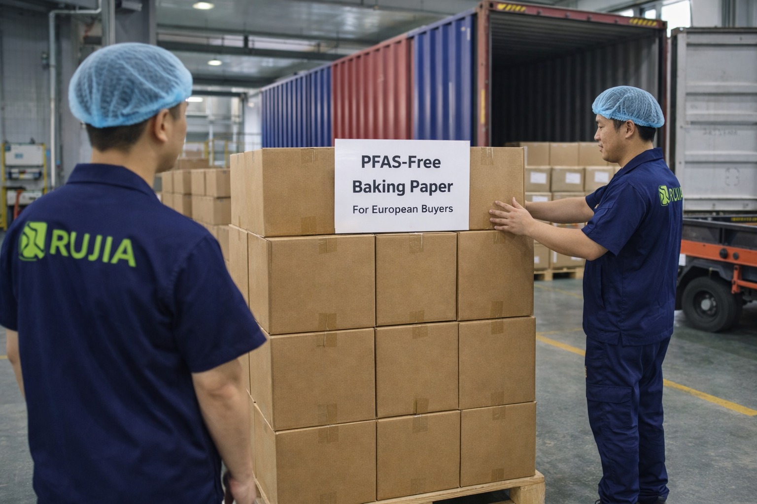 Runjia workers loading PFAS-free baking paper export cartons into container for European buyers