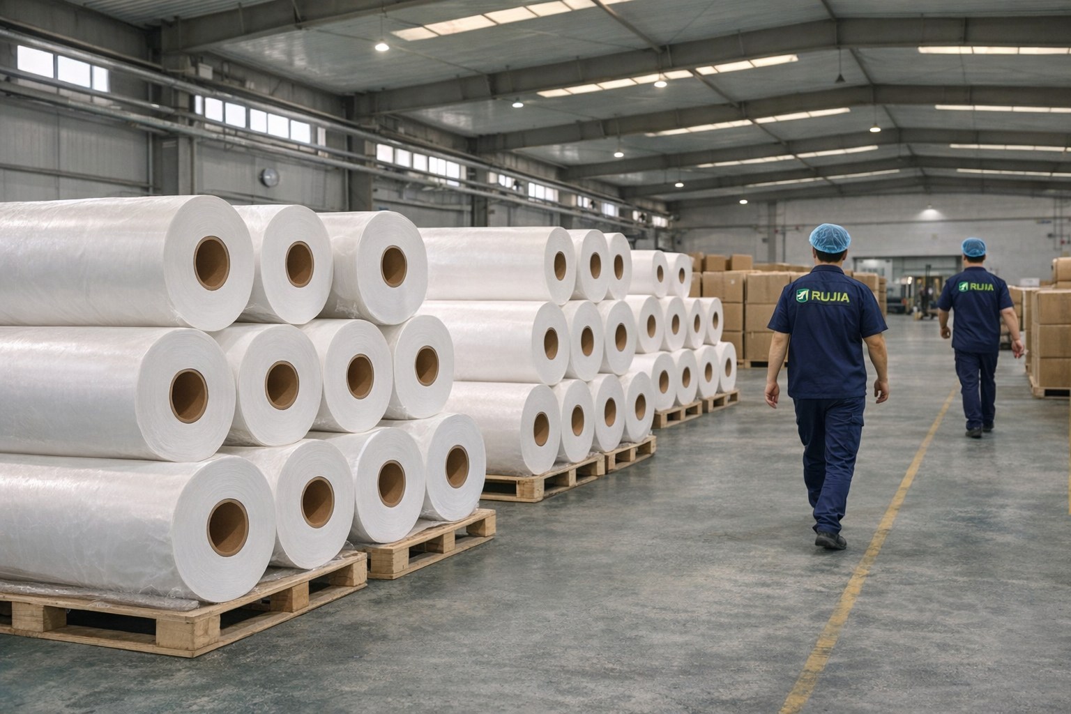 PFAS-free baking paper jumbo rolls stacked on pallets in Runjia factory warehouse