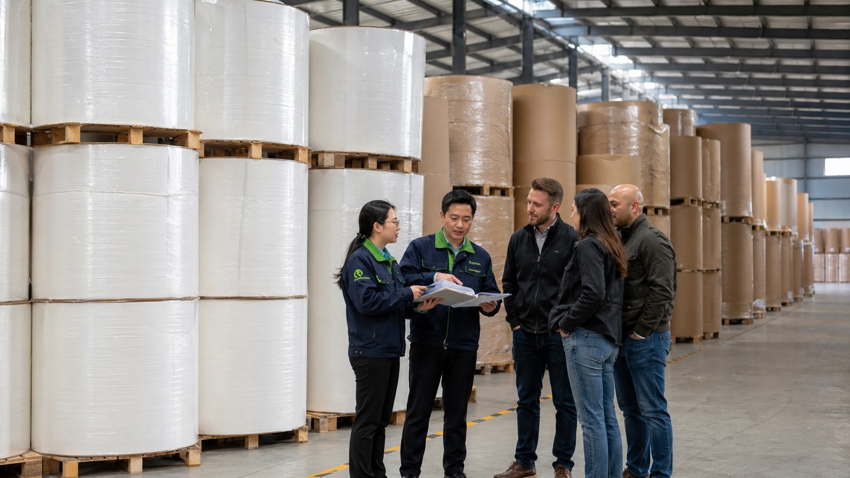 PFAS-free manufacturer base paper warehouse tour with PVA-sized mill jumbo rolls and international buyers