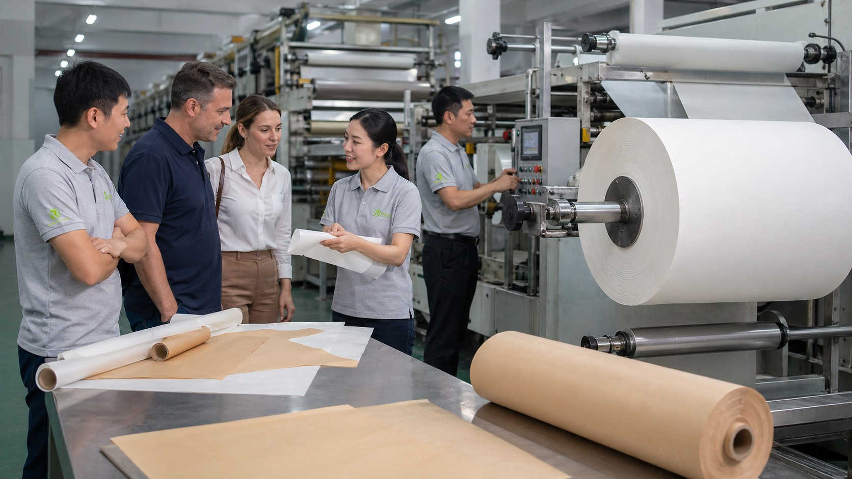 PFAS-free manufacturer dedicated coating line with international buyers touring Runjia parchment paper production