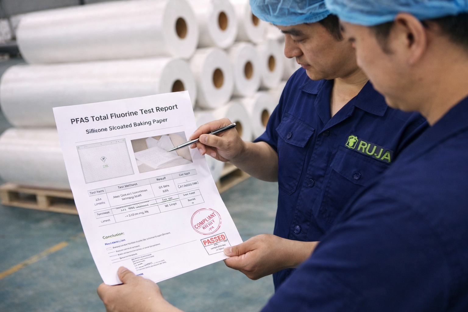 PFAS total fluorine test report showing compliant results for Runjia silicone coated baking paper