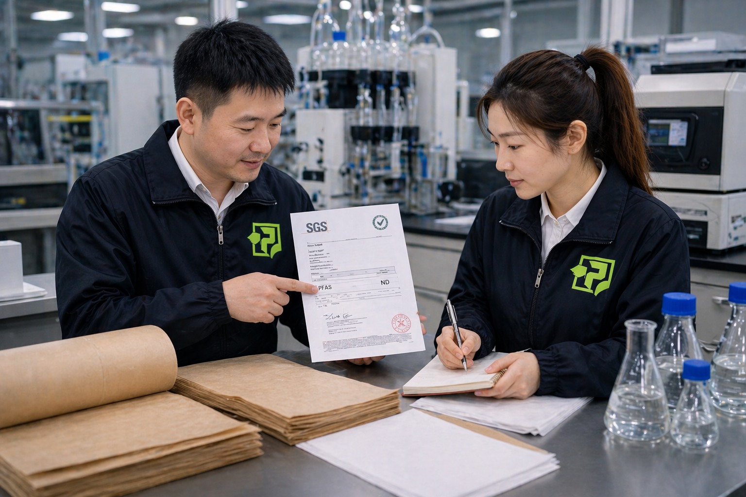 SGS accredited lab PFAS test certificate for baking paper factory showing LC-MS/MS results below EU thresholds