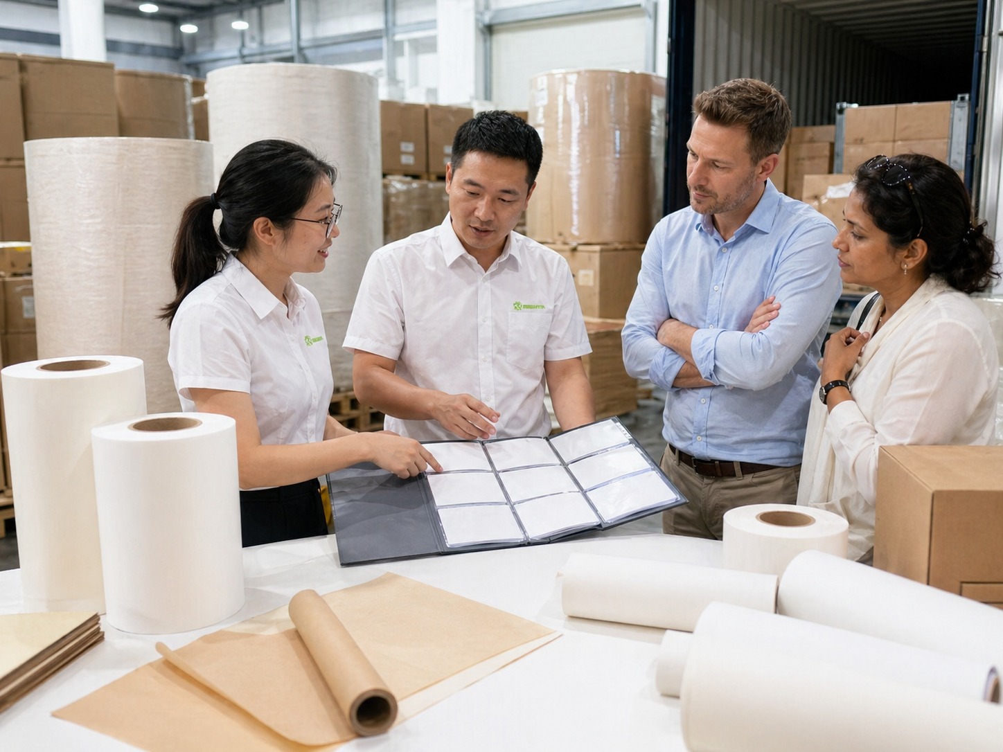 Silicone coated paper manufacturer 7-spec QC pack folder presentation in warehouse with US importer buyers