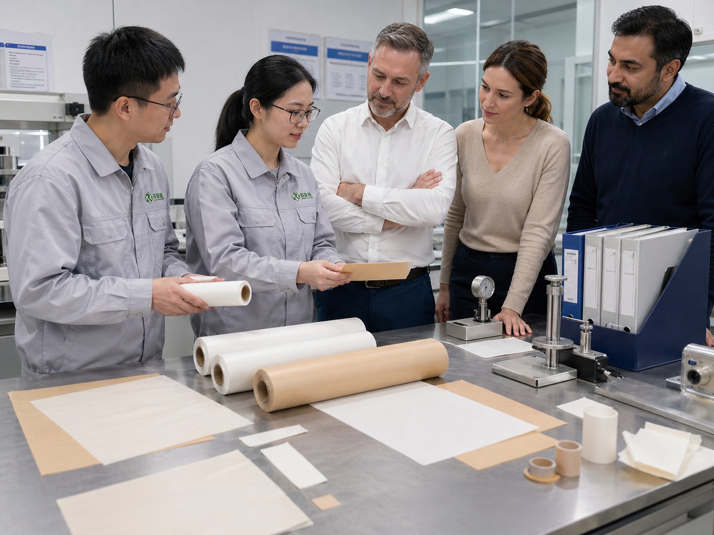 Silicone coated paper manufacturer QC lab tour with international buyers reviewing thickness gauge basis weight test
