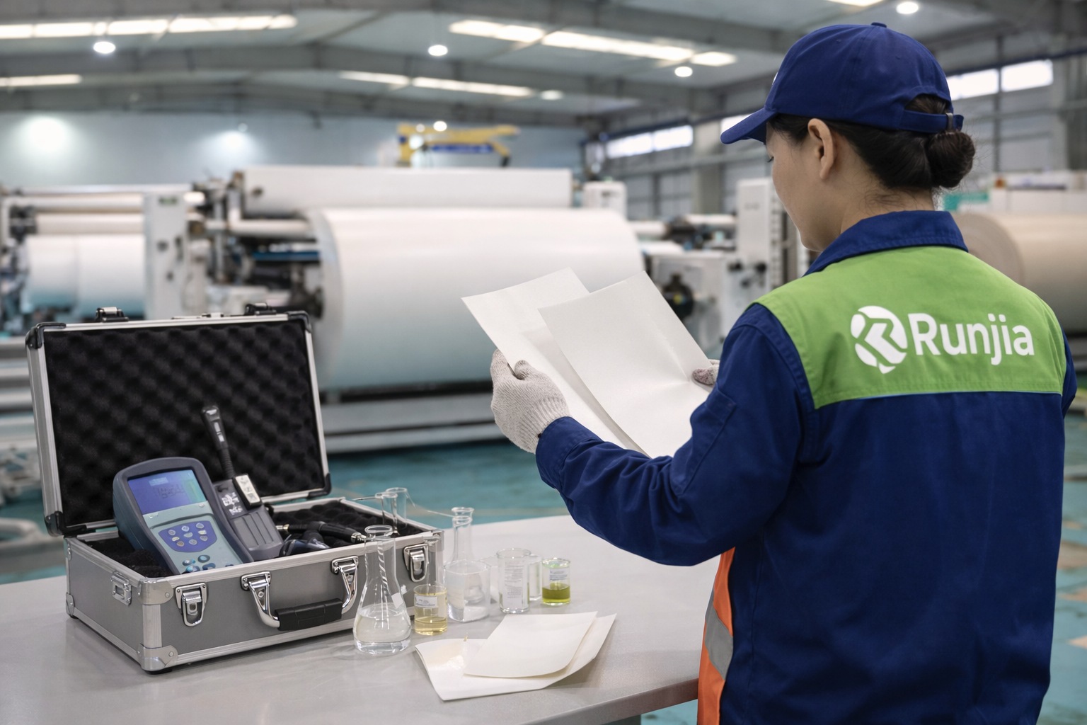 Runjia quality inspector testing silicone coated paper sample with portable fluorine detection equipment