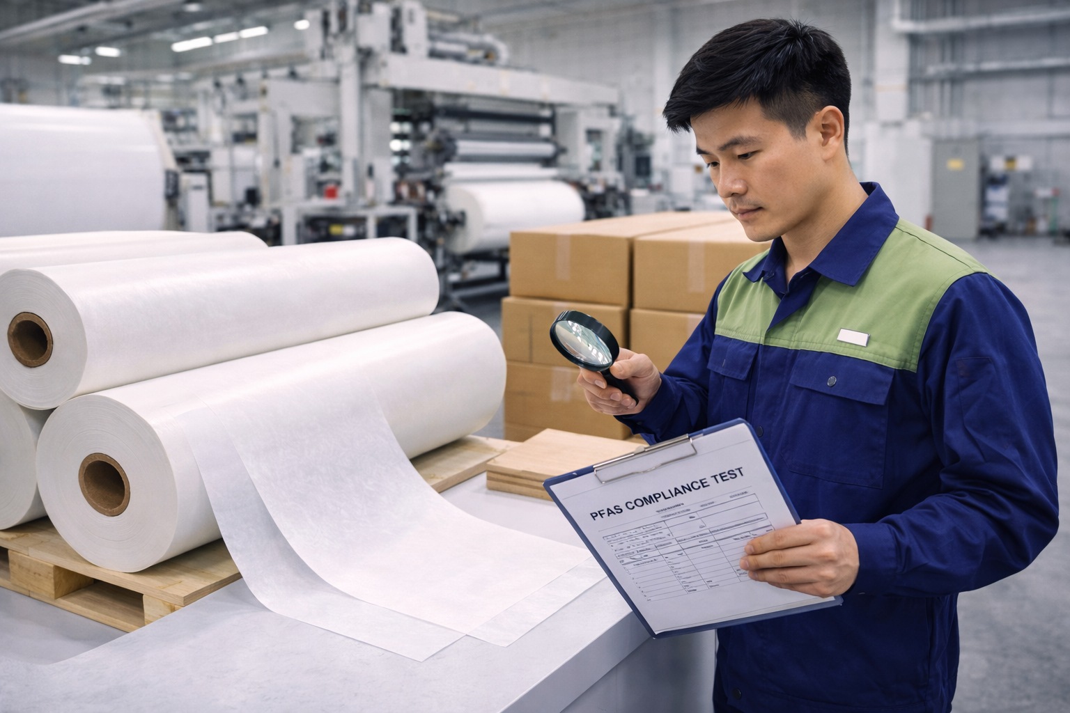 Silicone coated paper supplier factory worker inspecting baking paper rolls for PFAS compliance