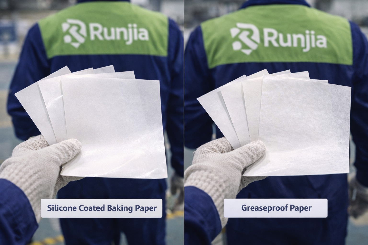 Side by side comparison of silicone coated baking paper and greaseproof paper samples held by Runjia worker