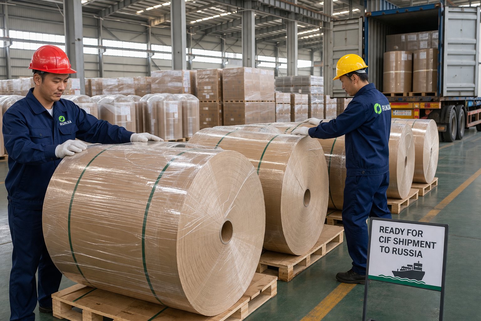 Runjia workers preparing silicone paper jumbo rolls for CIF shipment to Russia