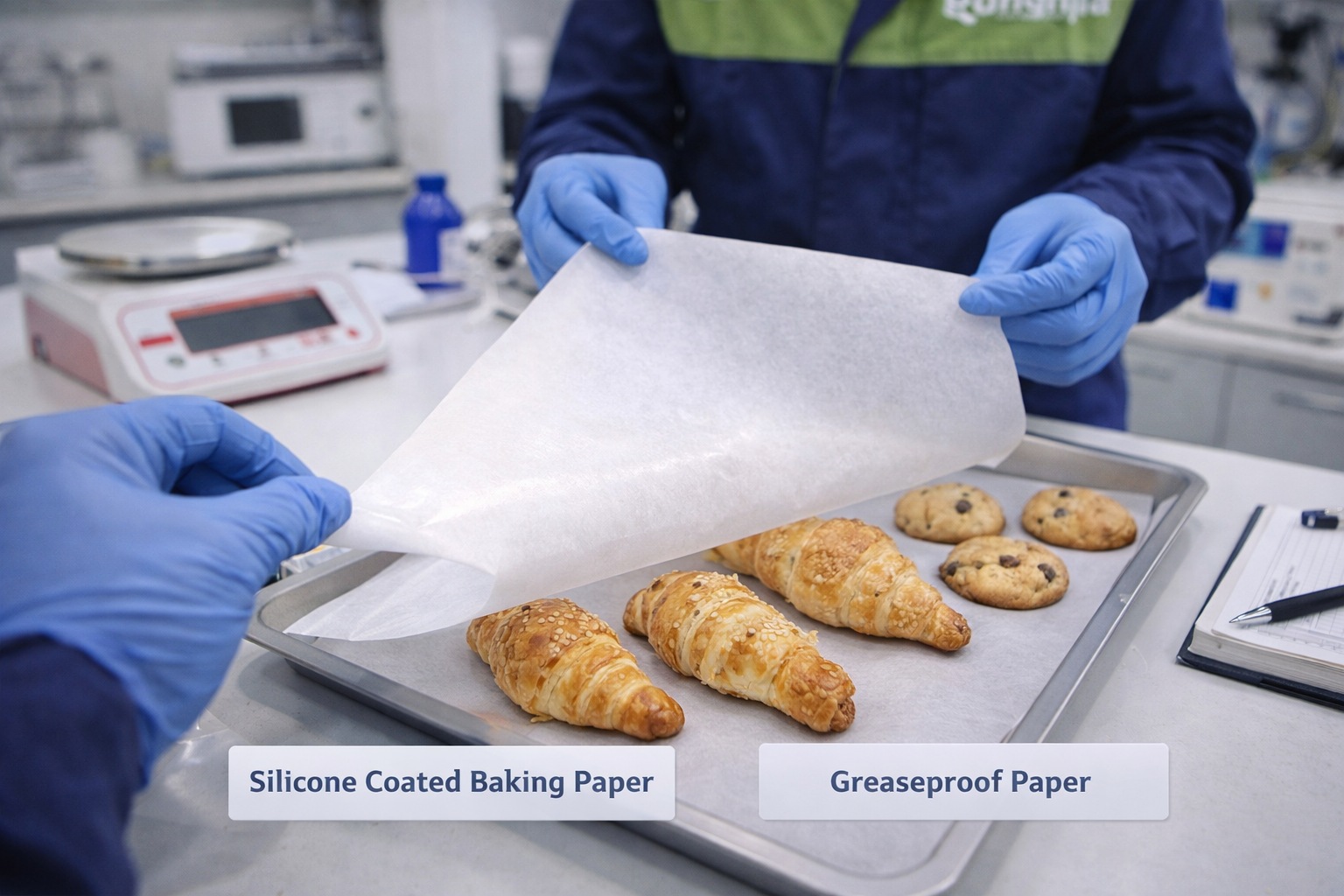 Silicone coated baking paper non-stick release test with croissants and cookies in Runjia lab