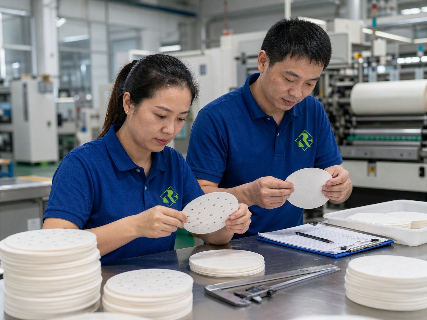 Steaming paper manufacturer QC inspection of custom die-cut round liners for frozen dumpling export
