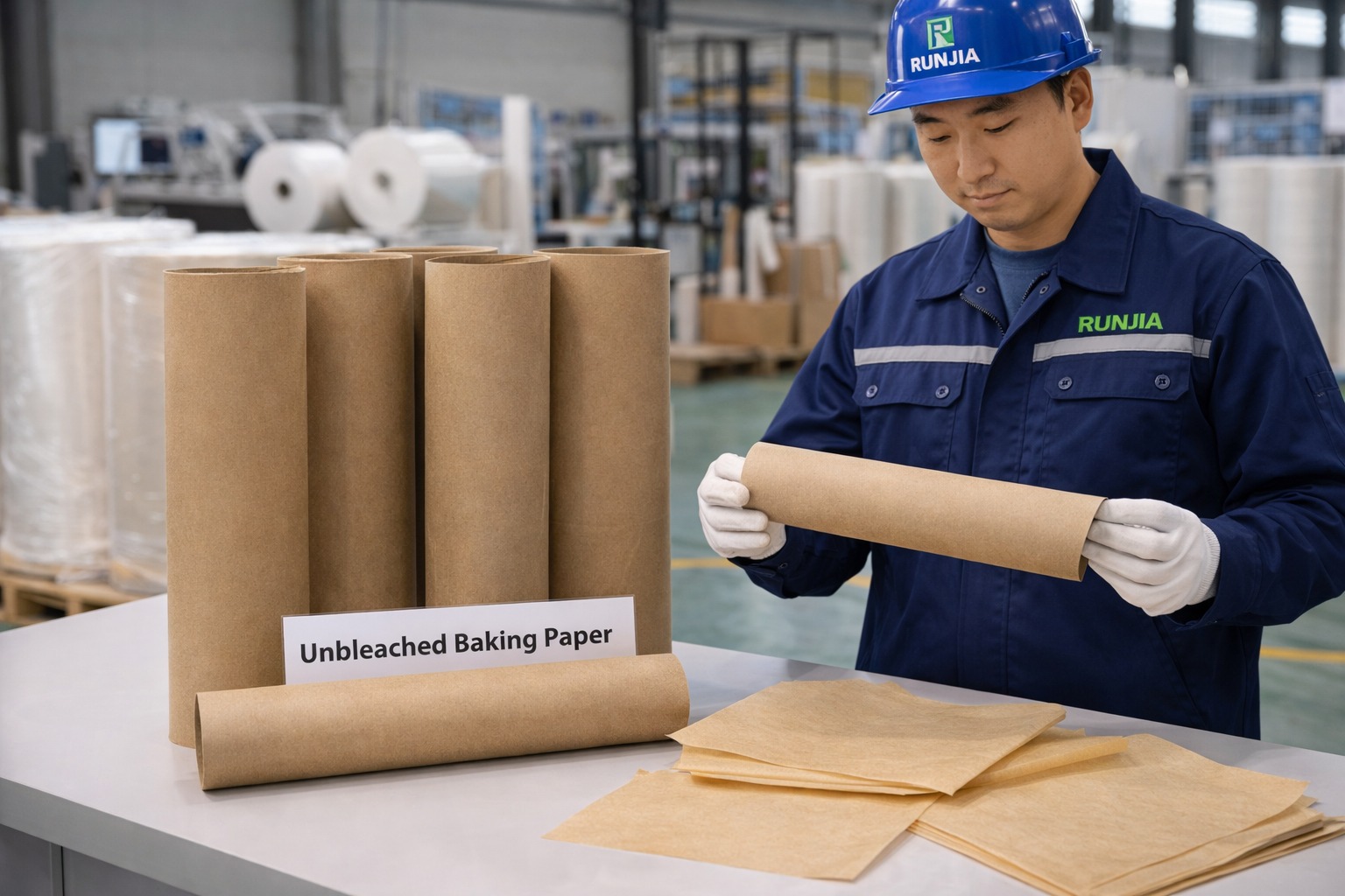Unbleached brown baking paper rolls and sheets showing natural kraft color at Runjia factory