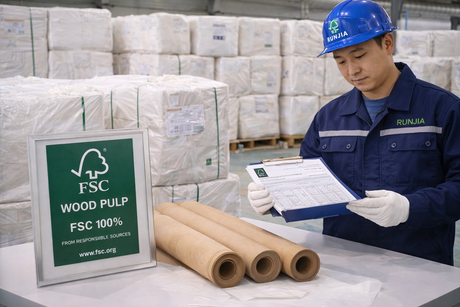 FSC 100% certified wood pulp raw material with traceability documentation at Runjia paper factory