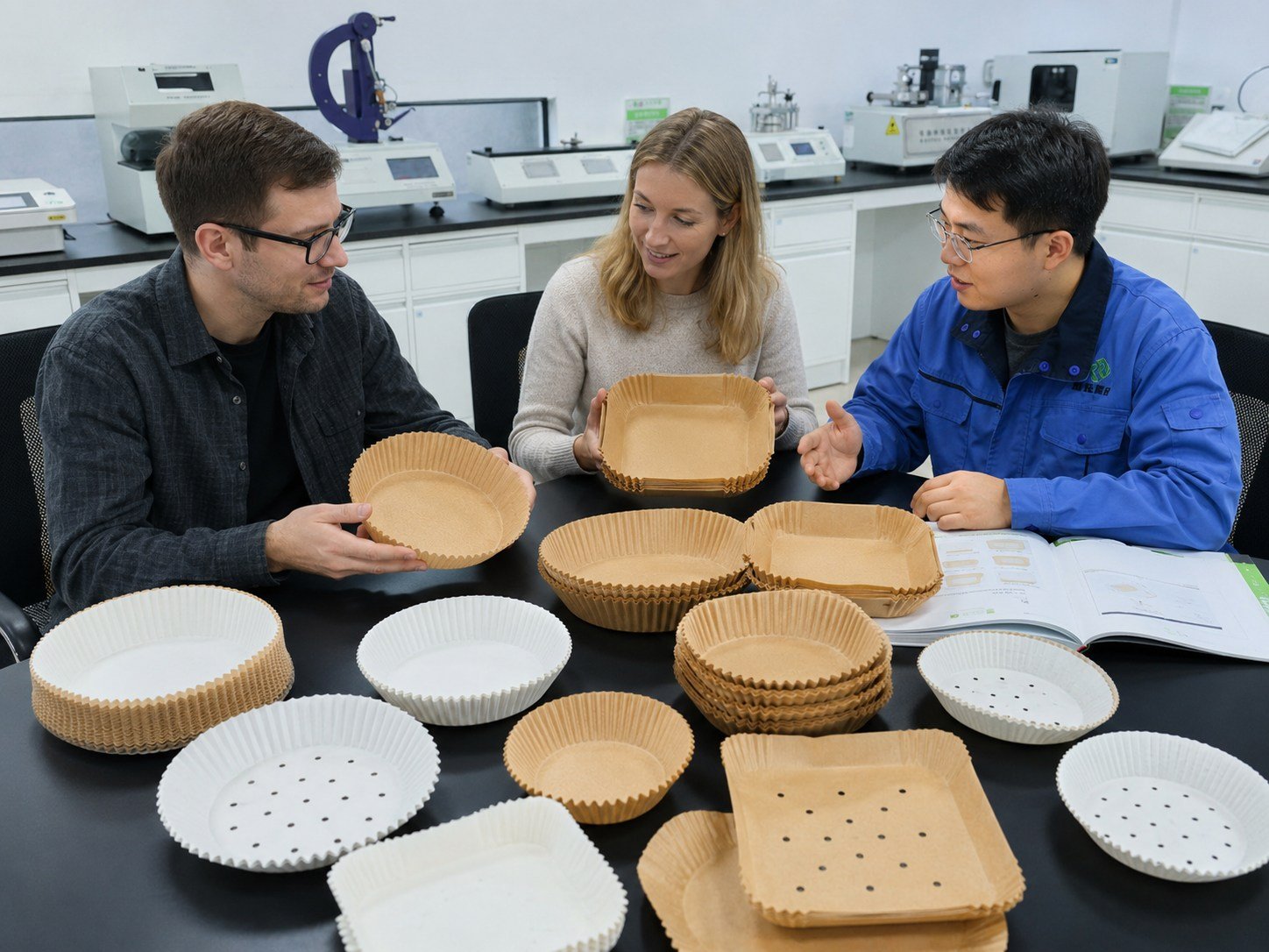 Air fryer liner manufacturer die-cut samples in round and square shapes