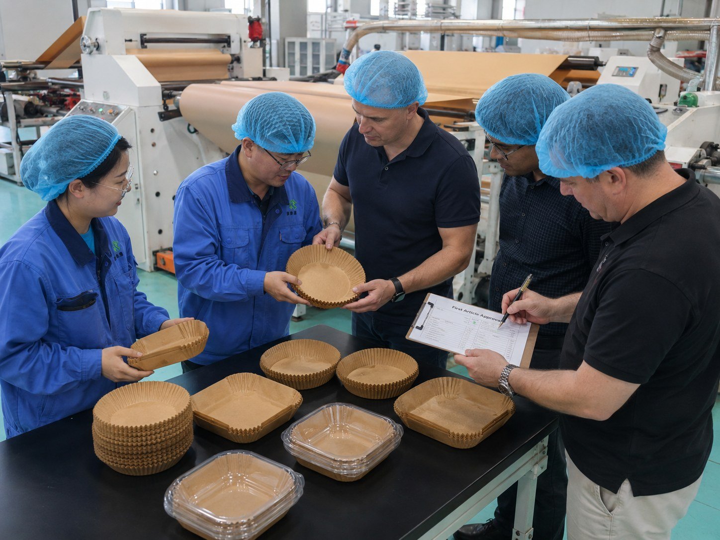 Air fryer liner manufacturer first-article sample approval on the die-cut line